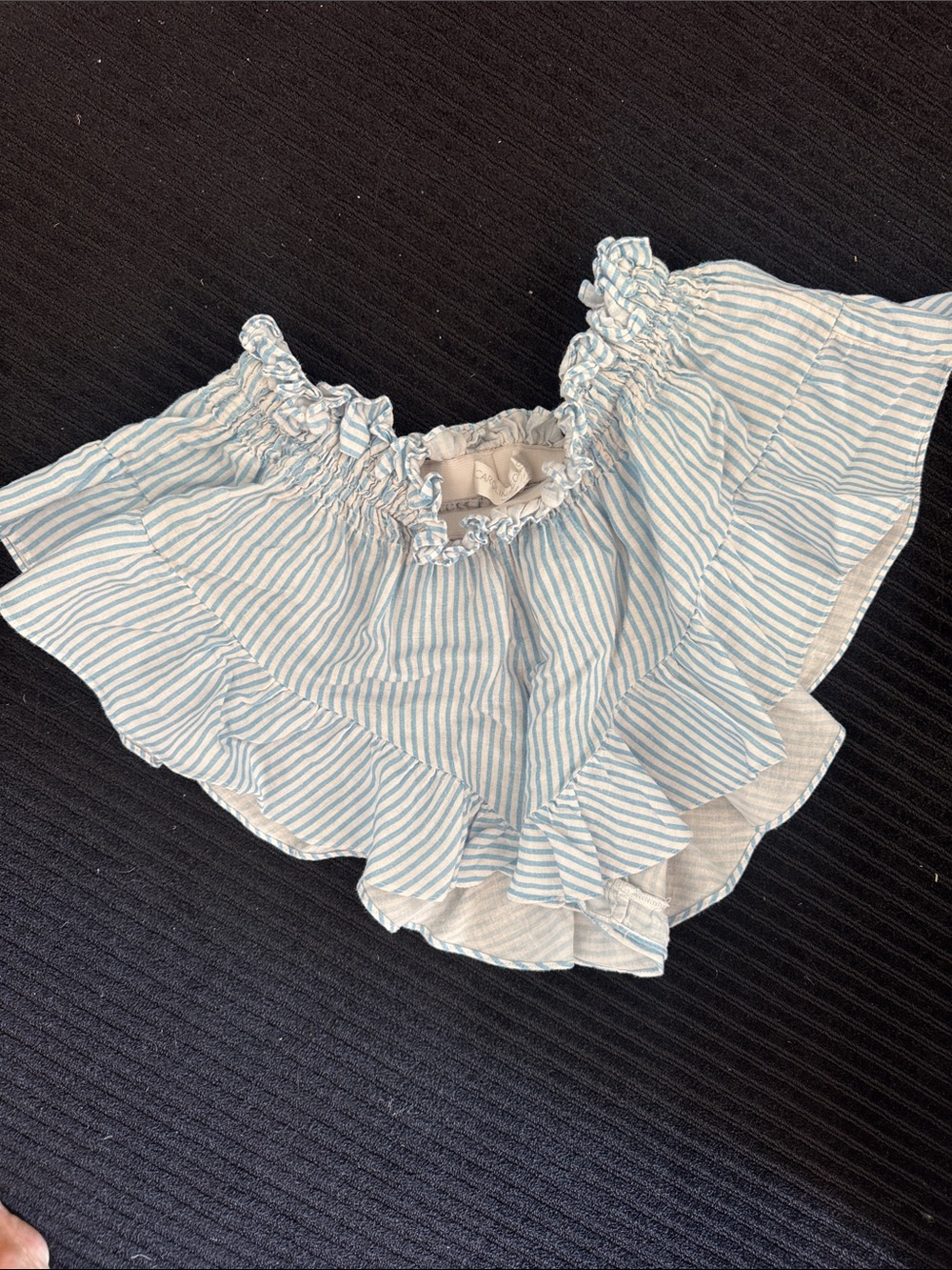 Striped Ruffle Off-Shoulder Top in Light Blue & White